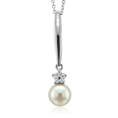 Natural Diamond and Pearl Necklace Pendant in 10k White Gold -18