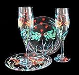 Flirty Fish Design - Hand Painted - Matching Set of Toasting Flutes - 6 oz. & 7 inch Cake Plates