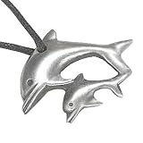 Mother And Baby Dolphin Silver Tone Pewter Pendant Necklace