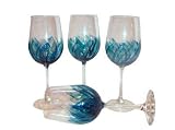 ArtisanStreet's Oceanesque Hand Painted Wine Goblets. Ocean Blue Shades of Aqua and Teal Surround These Wine Goblets in Abstract Design. Set of 4. One of a Kind, Signed by Artisan.