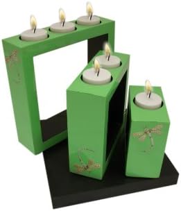 NACRE FASHION Eggshell Dragonflies on Opaque Light Green - Set of Decorative Wooden Lacquer Square shapped Tea-Light candleholders
