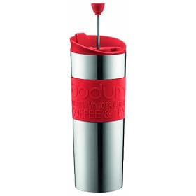 Bodum Stainless Steel Vacuum Travel Press Coffee Maker with Red Silicone Grip, 16-Ounce: Kitchen &amp; Dining