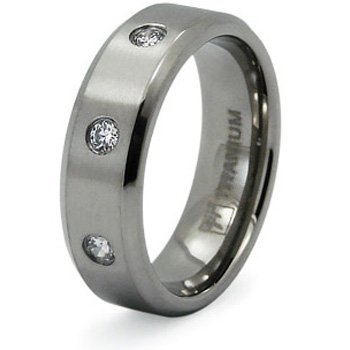 Titanium Ring with 3 Bezel-set Cubic Zirconia (Sizes 8-12)