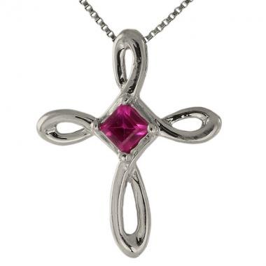 Ruby Cross Pendant With 0.30cts Ruby In 14K White Gold Cross Pendant With 10K Gold Chain
