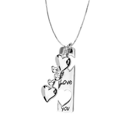 Sterling Silver “I Love You” Two-Charm Heart Pendant, 18″