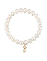 10k Yellow Gold Genuine Fresh Water Pearl Cat Charm Bracelet, 7"