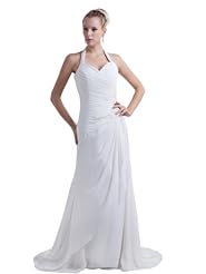 Halter Summer Applique Beaded Chiffon Wedding Dress  with a Brush/Sweep Train 