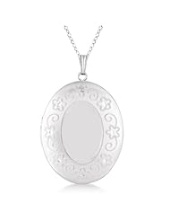 Oval Necklace Pendant Locket w/ Flower Engraving Sterling Silver