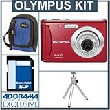 Olympus T-100 Digital Camera Kit, - Red - with 4GB SD Memory Card, Camera Case, Table Top Tripod