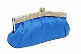 Royal blue satin clutch bag handbag with pleated body and diamante trim