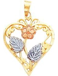 14K Yellow White Rose Gold Tri-Color Heart Flower Charm