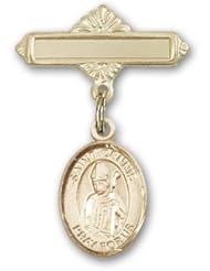 Gold Filled Baby Badge with St. Dennis Charm and Polished Badge Pin