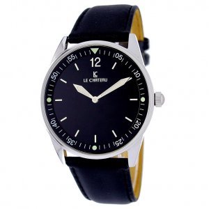 Le Chateau #2670M-7 Men's Silver Tone Black Elegant Slim Leather Strap Watch