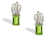 14K White Gold Genuine Emerald-cut Peridot and Diamond Earrings