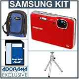 Cheap Samsung AQ100 Digital Camera Kit - Red - with 4GB SD Memory Card, Camera Case, Table Top Tripod