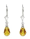 14k White Gold Citrine 9x6mm Swarovski Crystal Pear Drop Leverback Earrings - Measures 29x6mm