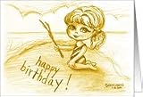 Little Big Eyed Girl Wishes Happy Birthday by Writing in the Sand Card