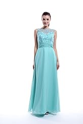 A-line Lace Illusion Bateau Neck Floor Length Chiffon Natural   Waistline Bridesmaid Dress 