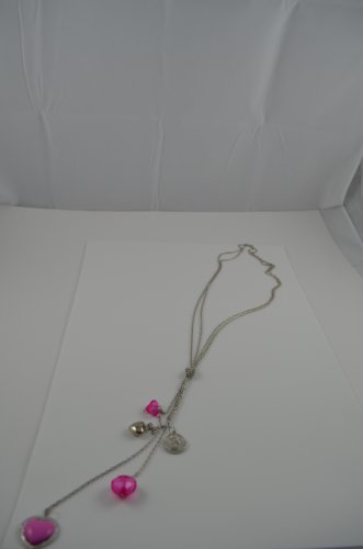 Necklace no clasp long double chain dangling hearts PINK