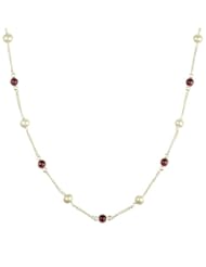 Sterling Silver Chain, Freshwater Pearl and 7 Station Garnet Cabochon Necklace