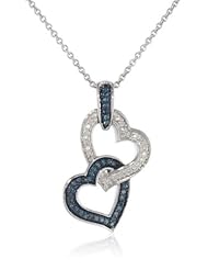 Sterling Silver Blue and White Diamond Double Heart Pendant Necklace (1/6 cttw, I-J Color, I2-I3 Clarity), 18"