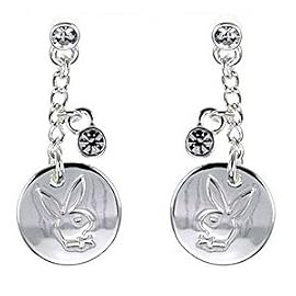 Playboy Earrings Playboy Bunny Logo Coin with Crystal Dangles Authentic Licensed Playboy Jewelry CPBE2116
