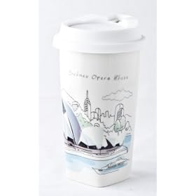 Op�ra de Sydney sur la tasse � caf� / tasse de voyage r�utilisable en c�ramique avec couvercle en silicone blanc