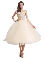 Applique Tea Length Satin/Tulle   Ball Gown Wedding Dress 