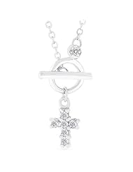 Alexander James White Gold Rhodium Bonded Necklace with Round Cut Clear CZ in a Cross Design in a Prong Setting with a Toggle Clasp in Silvertone