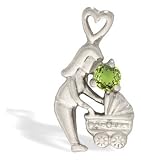 14K White Gold Genuine Round Peridot Mother with Child Pendant
