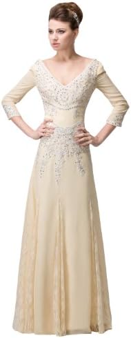 jessni jp1898-0 Evening Dress Elegant Style Plunging 3/4 sleeve Back Zip Delicate Beading Long Sweep A-line Beige