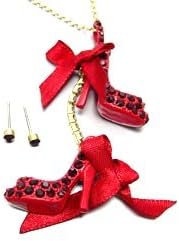 Sexy Sparkle Double Red Crystal Stiletto Shoe Heel Charms on Goldtone Chain Necklace Set