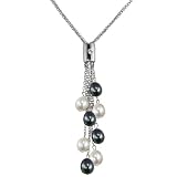 Black & White Cultured Pearl Multi-Strand Silver Chain Lariat w. Bar Crystal Slider