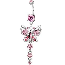 Pink Cz Butterfly Gem Chain Drop Belly Ring