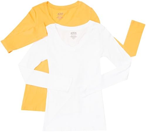 2 Pack Active Basic Women's Basic Long Sleeve V-Neck Tee Large White, Mustard