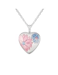 Sterling silver Heart Shaped Locket w/ Colored Flowers Necklace