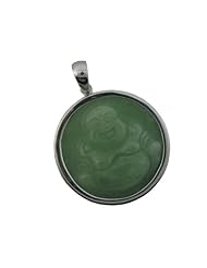 Light Green Jade Laughing Buddha Disc Pendant, 925 Sterling Silver