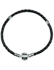Hidden Gems (SB1010) 20cm Sterling Silver Snake Bracelet in Braided Black Leather, Will Fit pandora/chamilia/troll type Beads and Charms