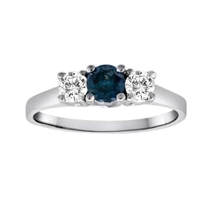 14K White Gold Round 3 Stone Blue Diamond & White Diamond Ring (1/2 cttw) - Size 6