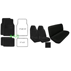A Set of 2 Universal Fit High Back Encore Pattern Front Bucket Seat Cover, A Set of 4 Universal Fit Plush Carpet Floor Mats for Cars and One Universal Fit Encore Rear / Bench Seat Cover - Black