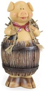 Barn Yard Farm Animal in Barrel with Straw Hat, Collectible Home Garden Sculpture Figure, 6-inch (Pig)