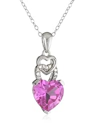 Sterling Silver Created Pink Sapphire and Diamond Heart Pendant Necklace, (.05 Cttw, G-H Color, I2-I3 Clarity), 18"