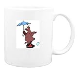 Mug with gopher, unicycle, umbrella, riding, weather