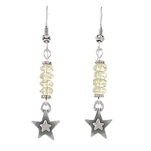 Three Dimensional Star Dangle Earrings in Sterling Silver with Beads of Yellow Crystal, #8027