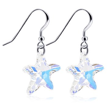 Star Shape Clear Swarovski Crystal Sterling Silver French Ear Wire Hook Dangle Earrings