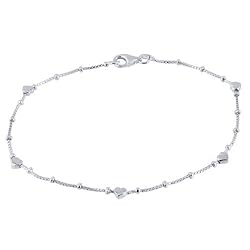 Sterling Silver Beads and Hearts 1mm Box Chain Anklet - 10 Inches