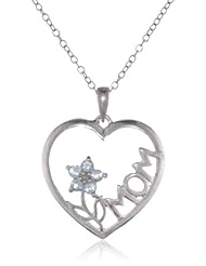 Sterling Silver, Diamond-Accent and Blue Topaz MOM with a Flower Heart Pendant Necklace, 18"