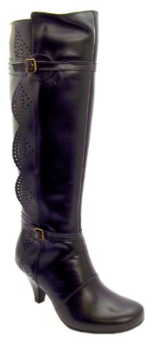 Hush Puppies Womens Carmela Black Leather Zip Up High Heel Knee High Boots