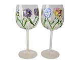 ArtisanStreet's Colorful Pansy Wine Goblets. Set of 2 Glasses. Hand Painted Design on Clear Crystal. Signed by Artisan