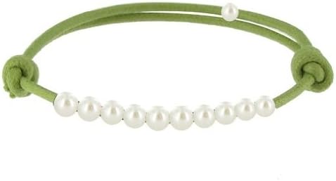 Les Poulettes Jewels - Cultured Freshwater Pearl Bracelet - Number 10 - White Pearls 4-5 mm on Waxed Cord - Green Color